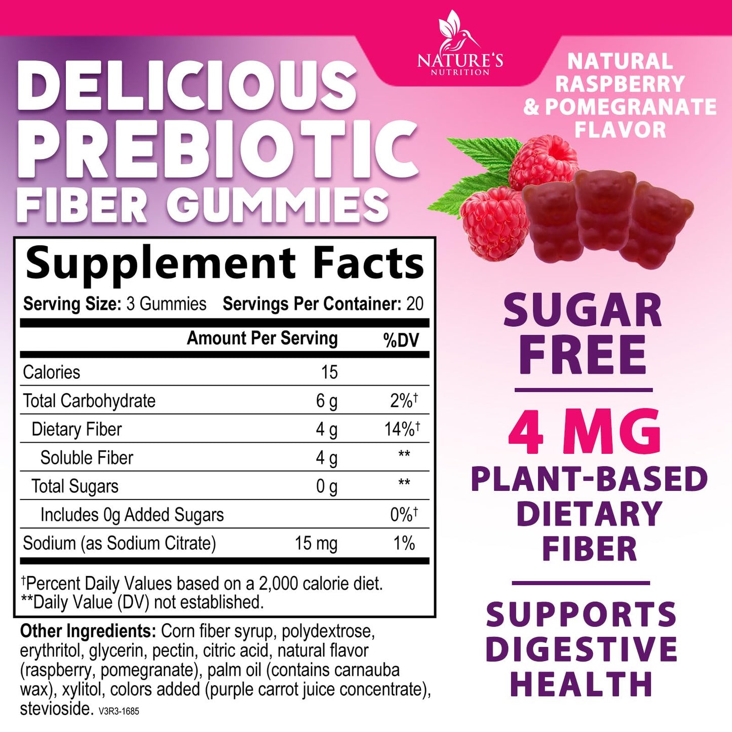Prebiotic Fiber Gummies 4g - Sugar Free Gummy Fiber Supplement for Digestive Health & Regularity - Raspberry Flavor | Plant-Based, Non-GMO, Gluten Free - 60 Gummies