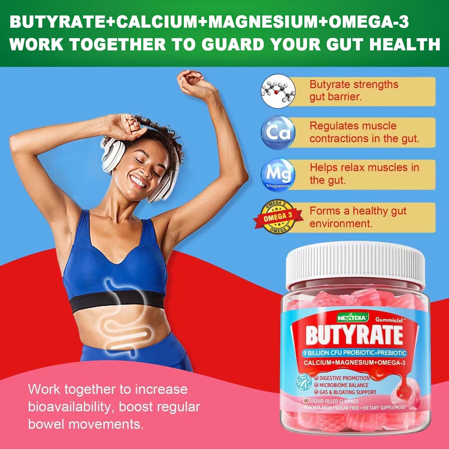 Nextdia Butyrate Gummies with Probiotics, Prebiotics & Omega-3 – Sugar Free