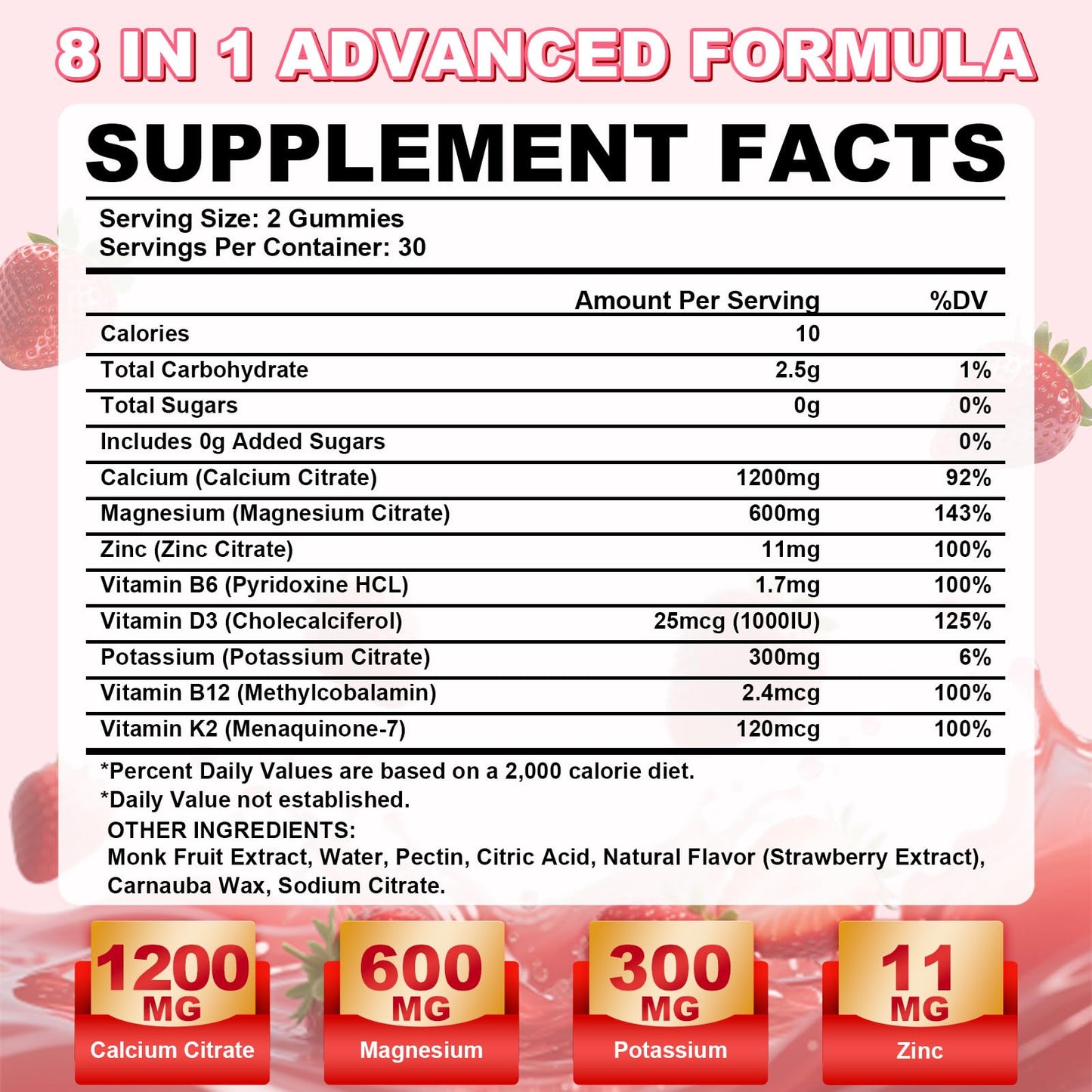 1200mg Calcium Citrate Gummies – Sugar-Free Strawberry | Bone, Teeth & Muscle Support (60 Count)