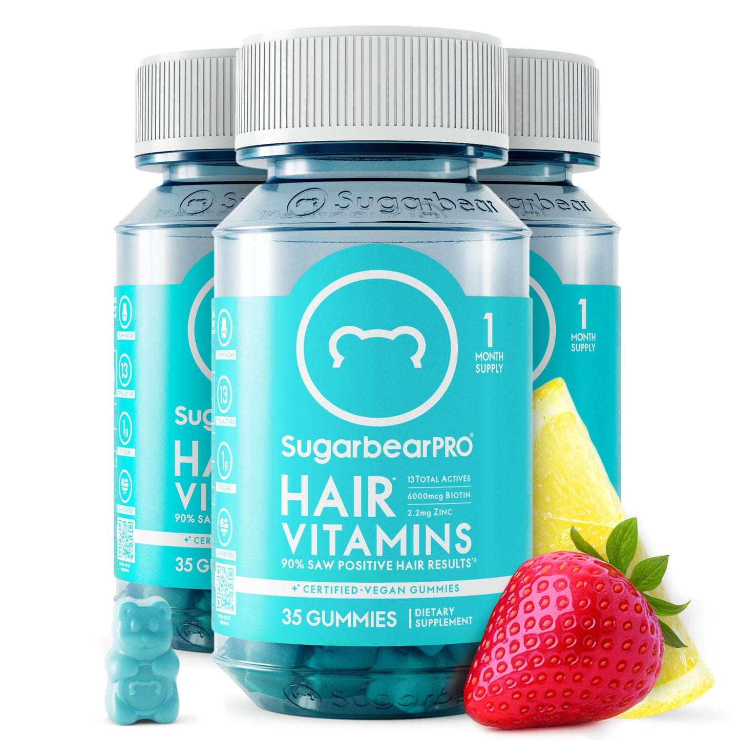 SugarBearPro Hair Vitamin Gummy – 3 Month, Extra Strength Biotin 6000mcg | Vegan, Kosher, Halal