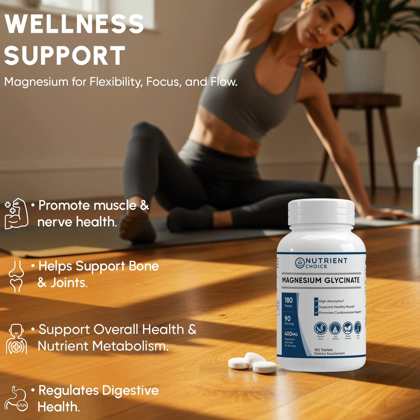 400 mg Magnesium Glycinate – 180 Tablets | High Absorption, Non-GMO