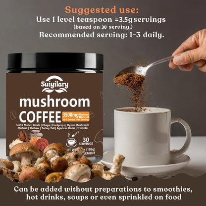Suiyilary 10 Mushroom Coffee with Arabica – Lion’s Mane & Reishi | 3500mg 10:1 Extract, Focus & Immunity Boost