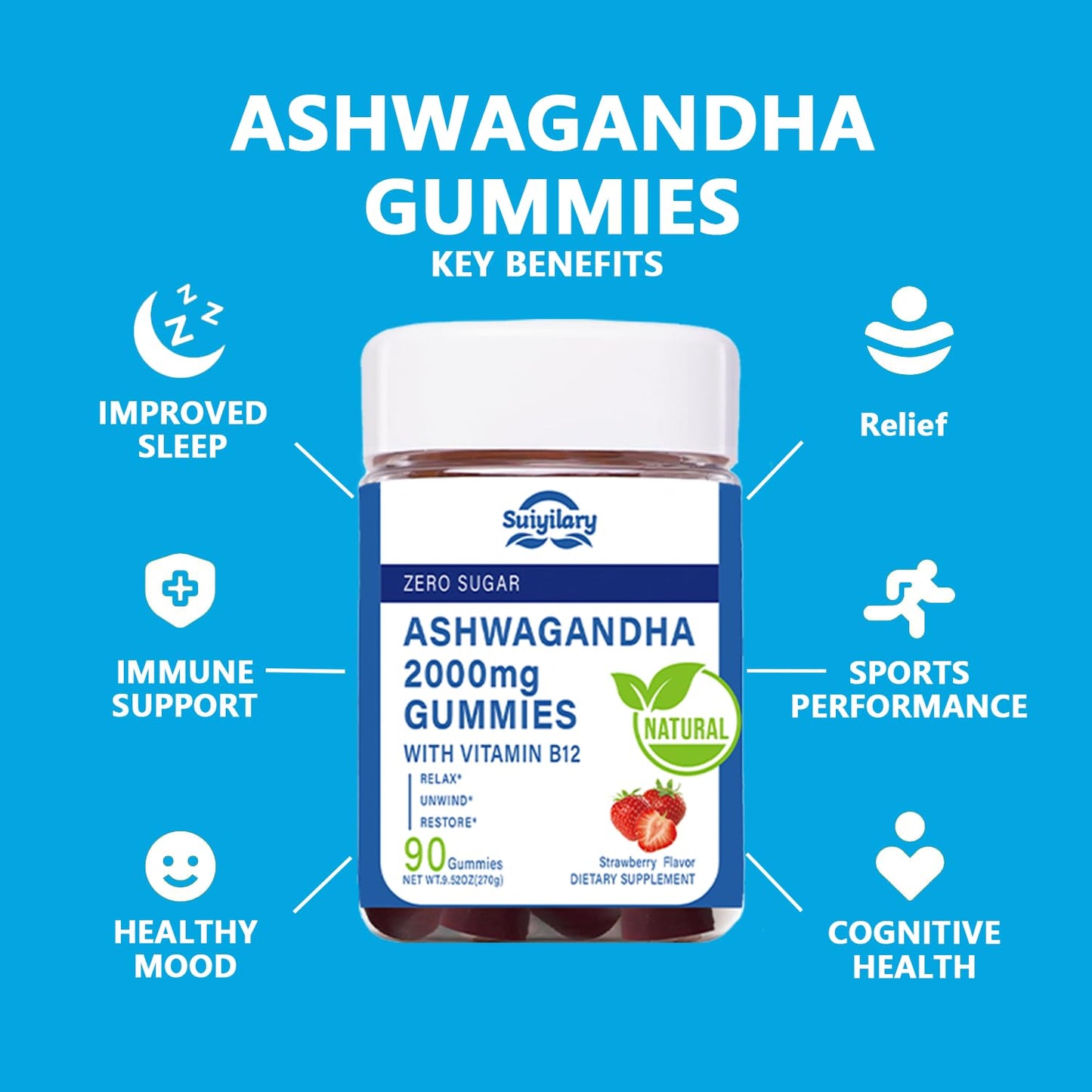 Suiyilary Ashwagandha Gummies 2000mg - High-Strength Root Extract with Vitamin B12 | Strawberry Flavor