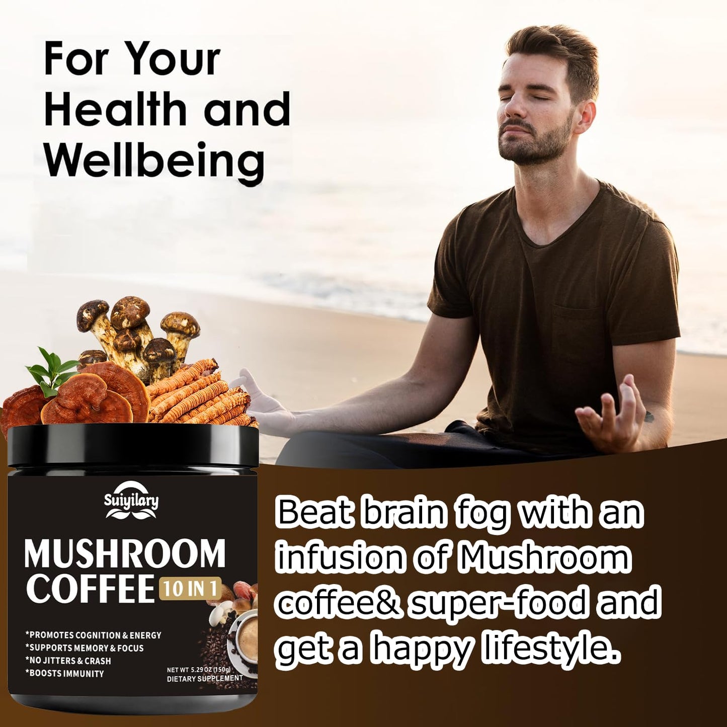 Suiyilary Mushroom Coffee – 10-Mushroom Blend (Lion's Mane, Reishi, Cordyceps) for Energy, Focus & Immunity 150g