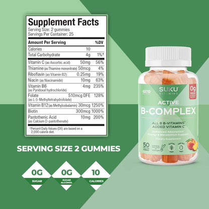 SUKU Vitamin B Complex Gummies with Vitamin C - Sugar Free, Vegan (Peach, 50 Gummies)