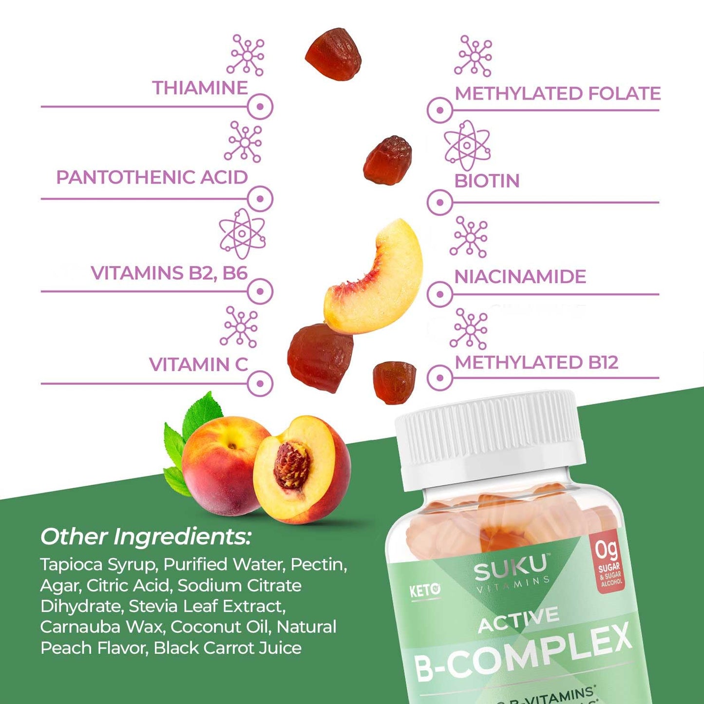 SUKU Vitamin B Complex Gummies with Vitamin C - Sugar Free, Vegan (Peach, 50 Gummies)