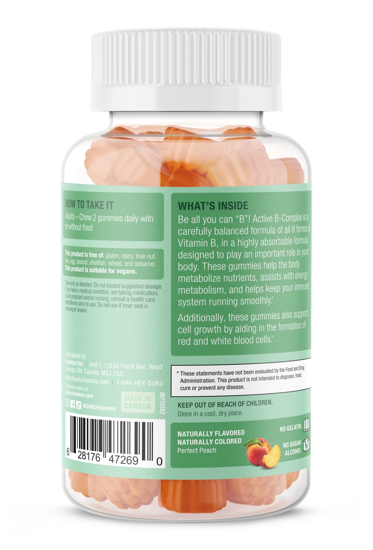 SUKU Vitamin B Complex Gummies with Vitamin C - Sugar Free, Vegan (Peach, 50 Gummies)