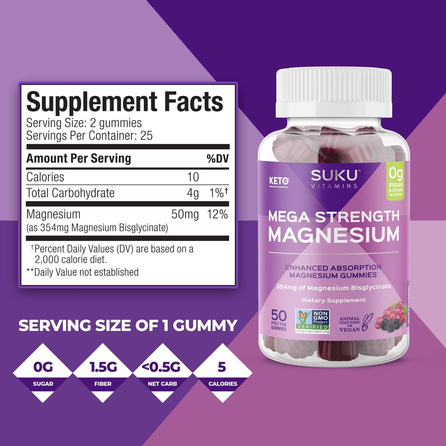 SUKU Vitamins Mega Strength Magnesium Gummies – 177 mg Bisglycinate, 50 Count