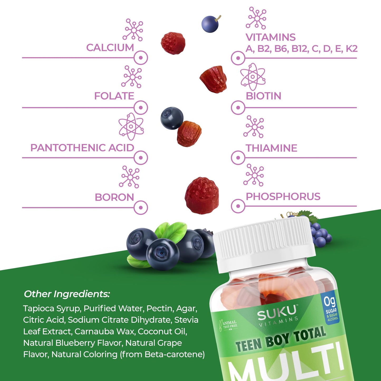 SUKU Teen Boy Multivitamin Gummies – 60 Count – Sugar-Free, Vegetarian, Grape Flavor | Vitamins A, B12, C, D3, E, Zinc & Biotin