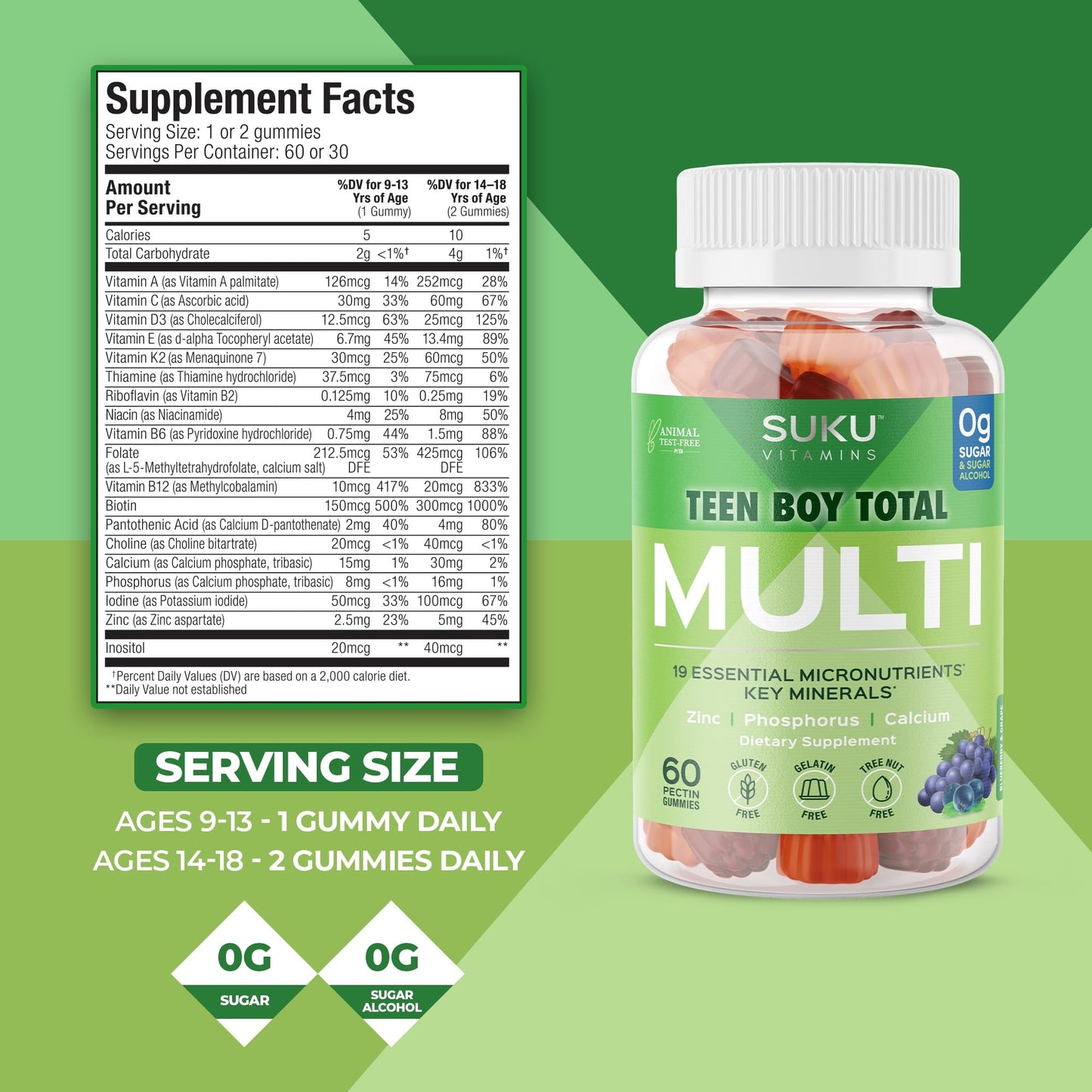 SUKU Teen Boy Multivitamin Gummies – 60 Count – Sugar-Free, Vegetarian, Grape Flavor | Vitamins A, B12, C, D3, E, Zinc & Biotin