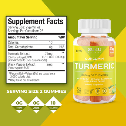 SUKU Turmeric Curcumin Gummies – Sugar Free, Black Pepper, 1003mg Turmeric (50 Gummies)