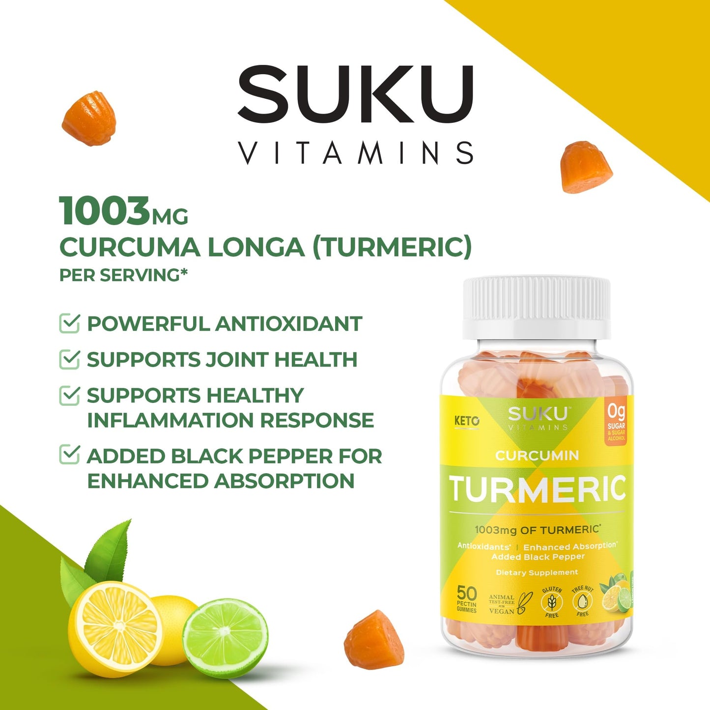 SUKU Turmeric Curcumin Gummies – Sugar Free, Black Pepper, 1003mg Turmeric (50 Gummies)