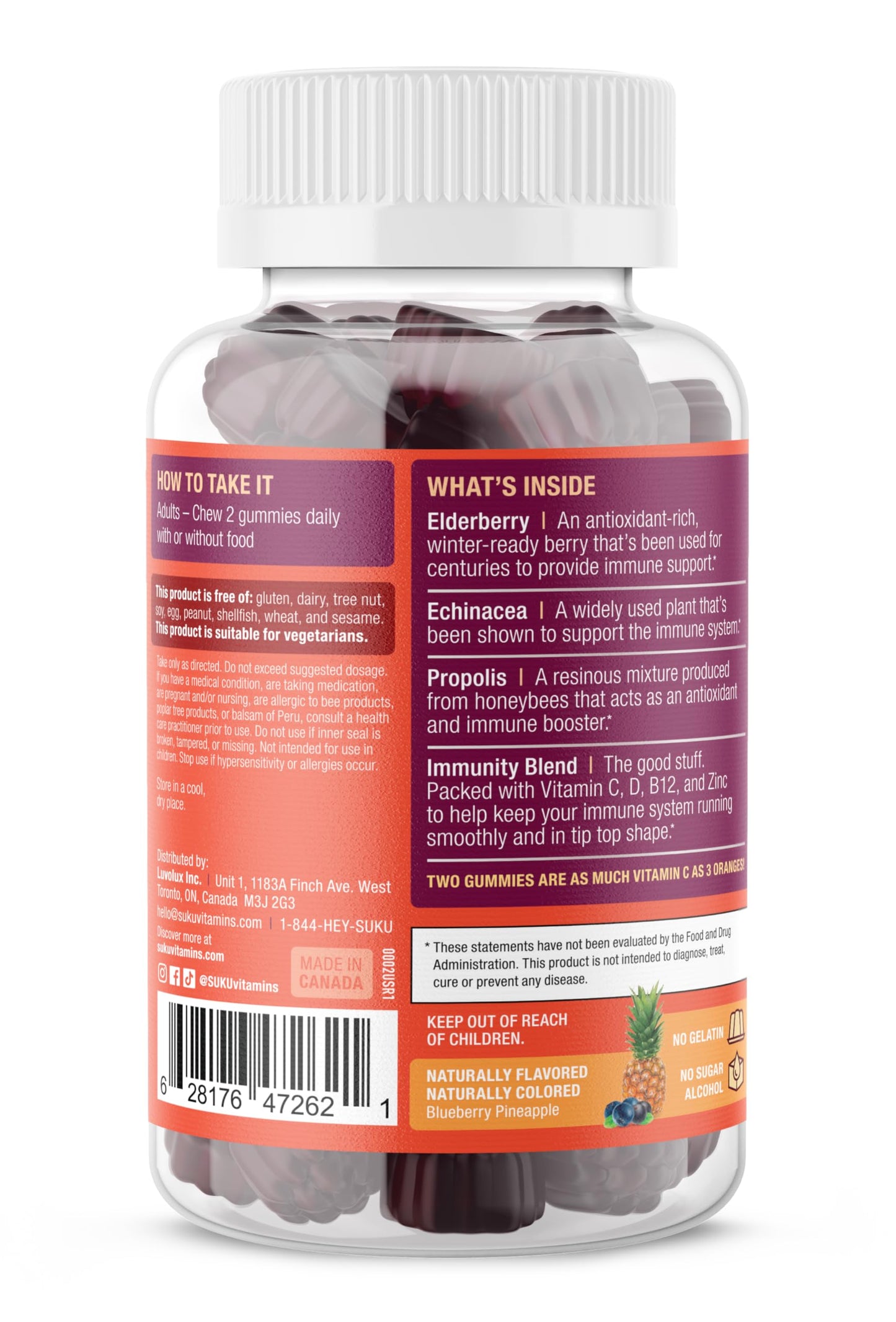 SUKU Vitamins Ultimate Immunity Gummies – Elderberry, Echinacea & Propolis, Pomegranate Lime, Non-GMO, Gluten Free, 50 Count