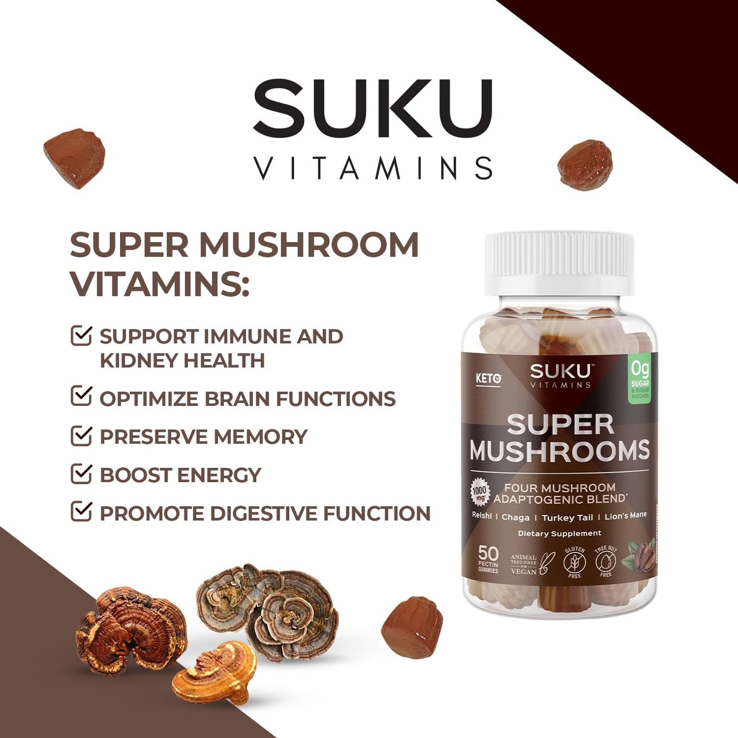 SUKU Vitamins - Super Mushroom Gummies (Reishi, Chaga, Turkey Tail & Lion's Mane) for Immunity - Espresso Flavor - 50 Count