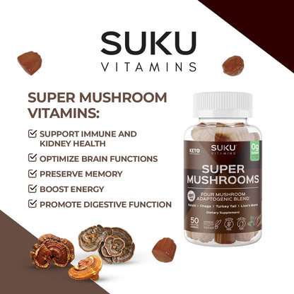 SUKU Vitamins - Super Mushroom Gummies (Reishi, Chaga, Turkey Tail & Lion's Mane) for Immunity - Espresso Flavor - 50 Count
