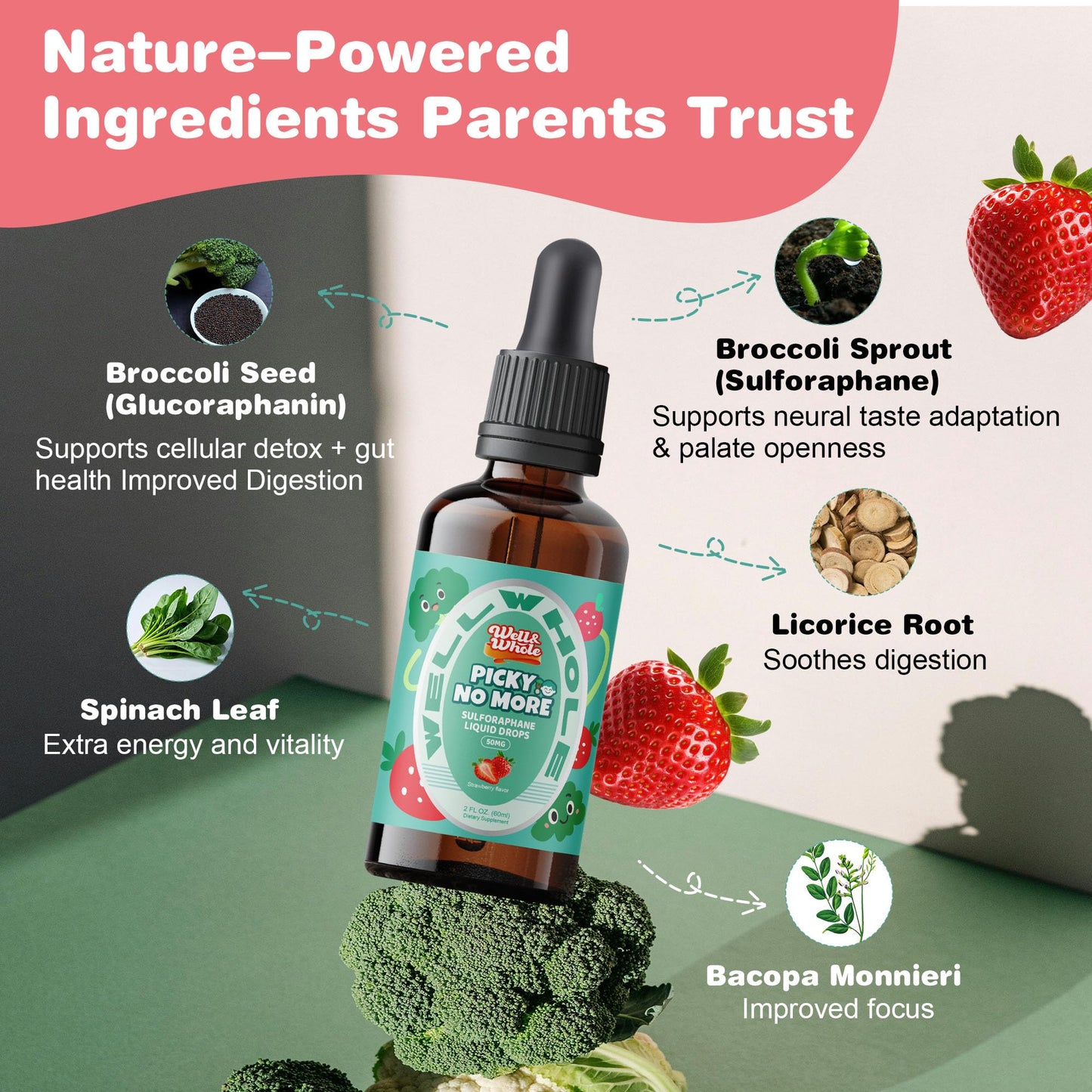 Well&Whole Sulforaphane Kids Liquid – Broccoli Sprout Extract, Appetite Support, 60mL, Vegan & Sugar-Free