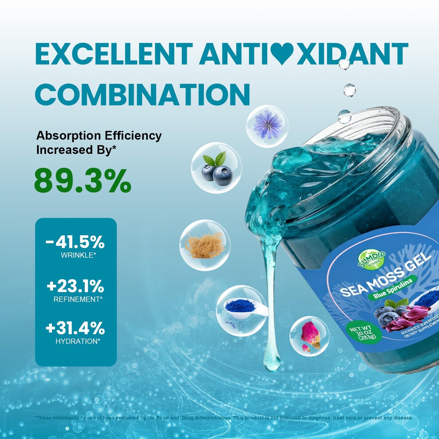 SumDIP Sea Moss Gel with Blue Spirulina - 92 Minerals & Vitamins (10oz)