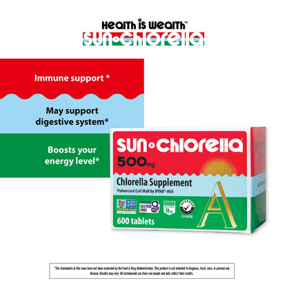 Sun Chlorella 500mg Whole Body Wellness Green Algae — 600 Tablets | Non-GMO, Chlorophyll, B12 & Iron