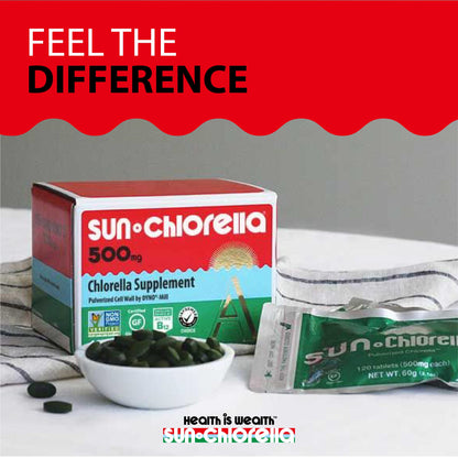 Sun Chlorella 500mg Whole Body Wellness Green Algae — 600 Tablets | Non-GMO, Chlorophyll, B12 & Iron