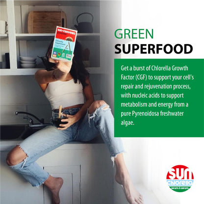 Sun Chlorella 200 mg Green Algae Superfood – Pulverized Cell Wall, CGF, B12, Iron | Non-GMO