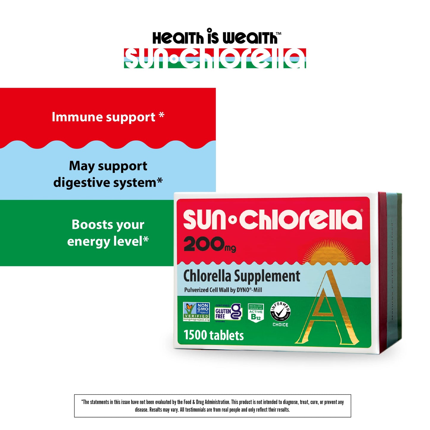 Sun Chlorella 200 mg Green Algae Superfood – Pulverized Cell Wall, CGF, B12, Iron | Non-GMO