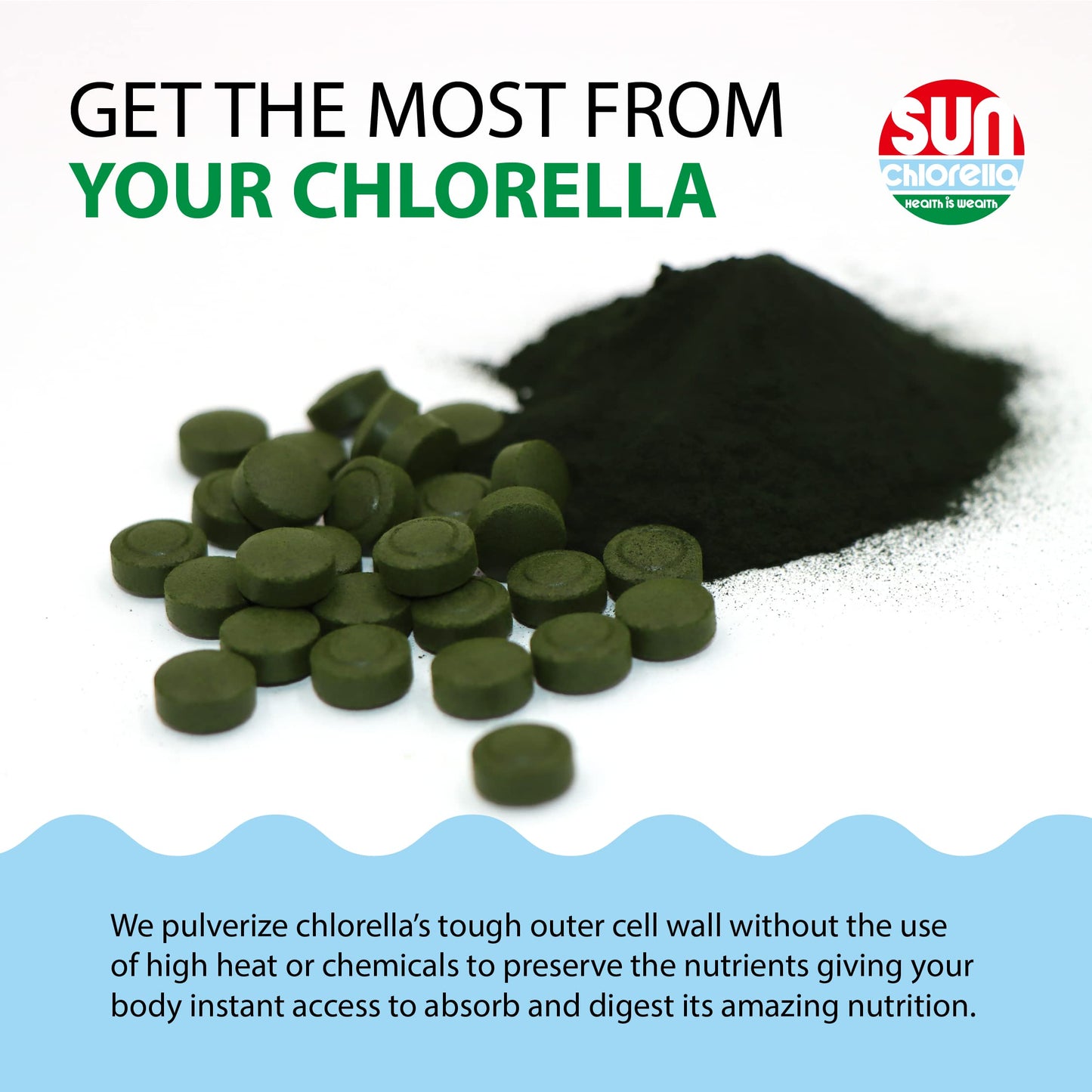 Sun Chlorella 200 mg Green Algae Superfood – Pulverized Cell Wall, CGF, B12, Iron | Non-GMO