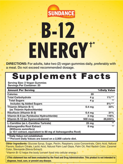 Sundance Vitamin B-12 Energy Gummies | 40 Count | Peach Raspberry Flavor | Vegan, Non-GMO, and Gluten Free Supplement
