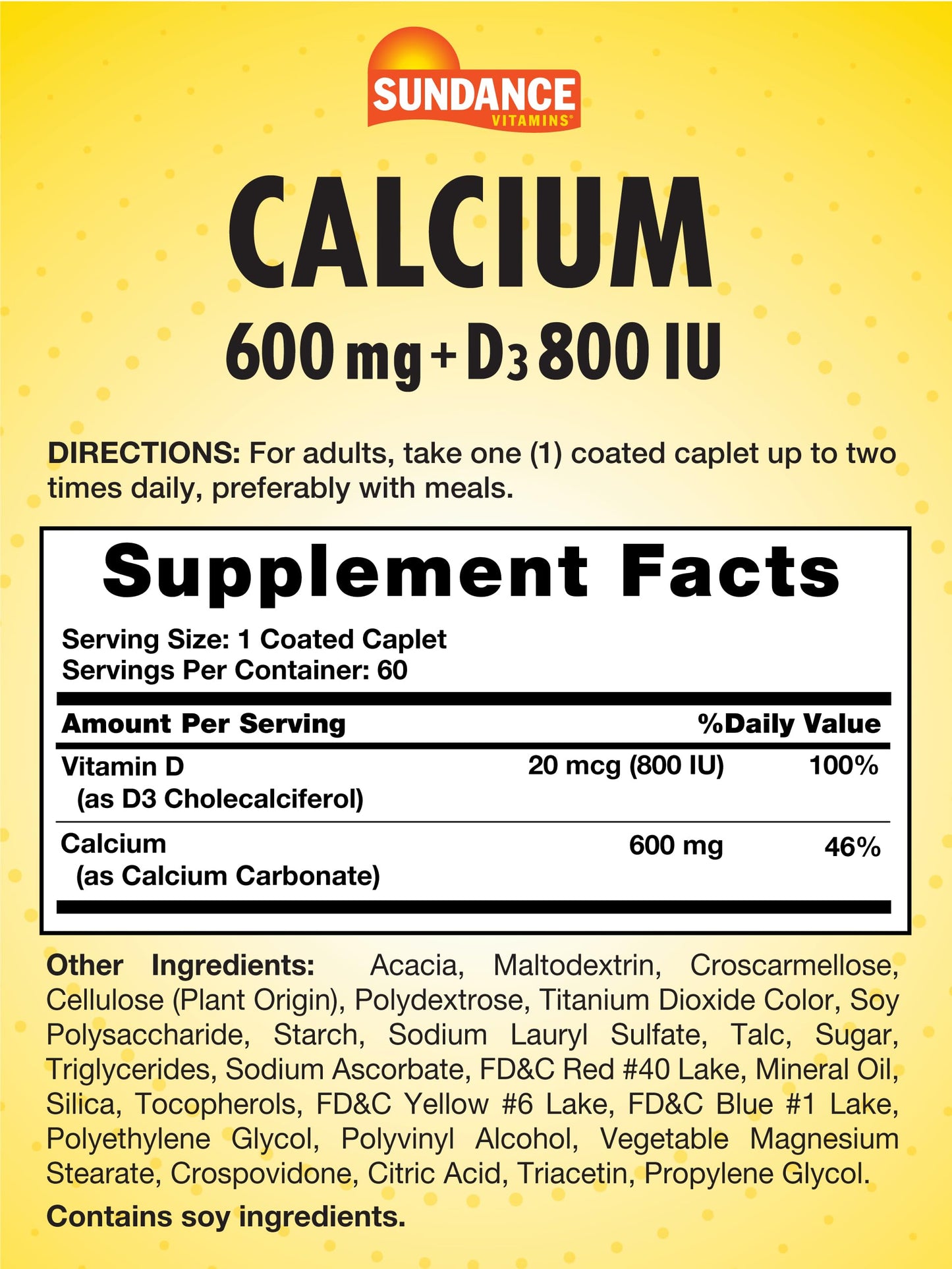 Sundance Calcium 600mg with Vitamin D3 - 60 Caplets | Vegetarian, Non-GMO, Gluten Free