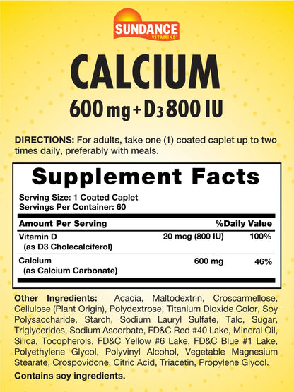 Sundance Calcium 600mg with Vitamin D3 - 60 Caplets | Vegetarian, Non-GMO, Gluten Free