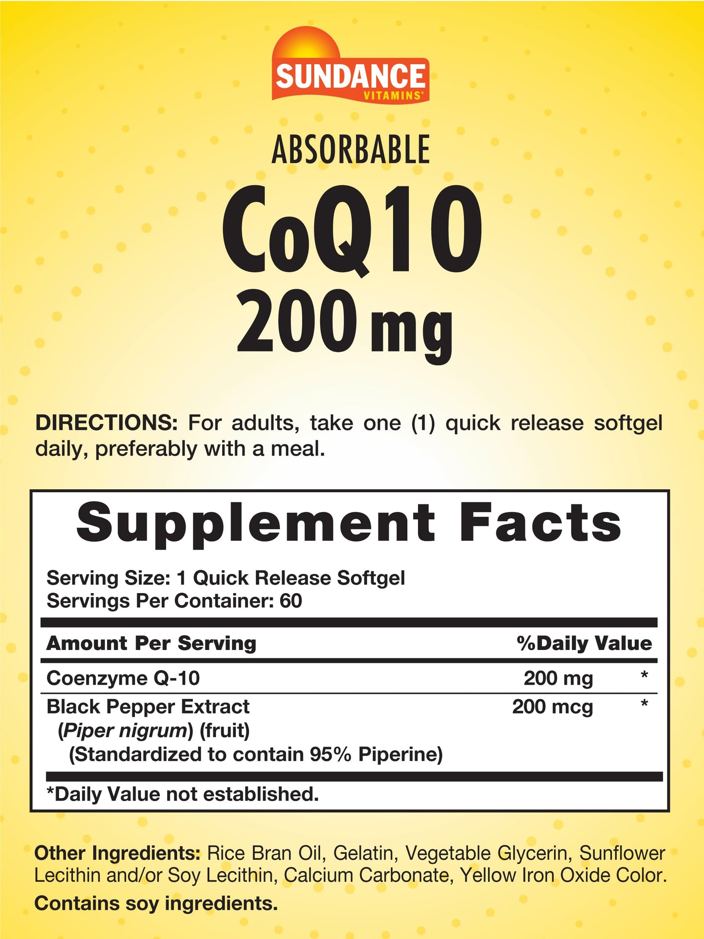 Sundance CoQ10 200mg Softgels – 60 Count, Black Pepper Extract, Non-GMO & Gluten Free