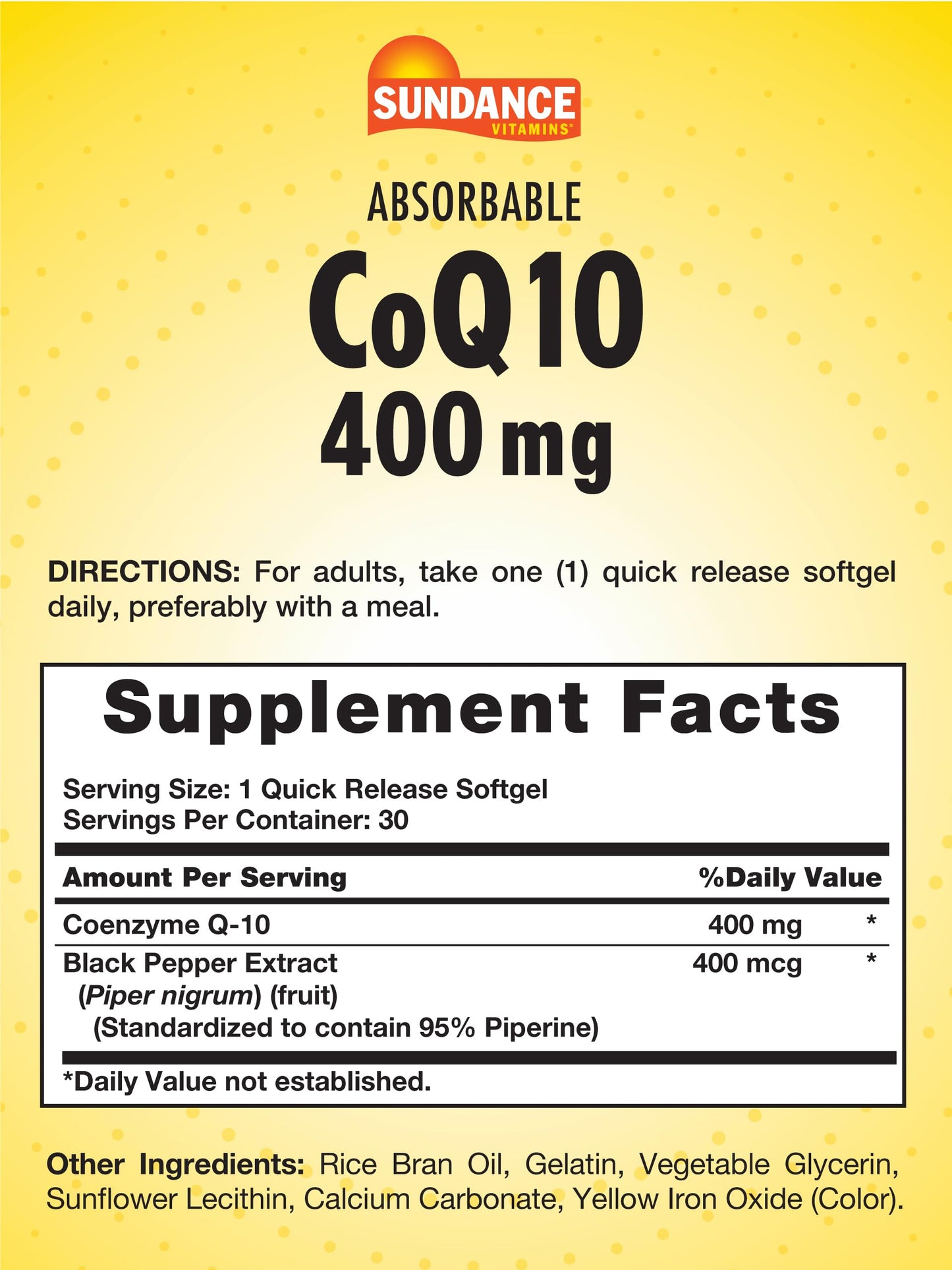 Sundance CoQ10 400 mg – 30 Softgels with Black Pepper Extract | Non-GMO, Gluten Free