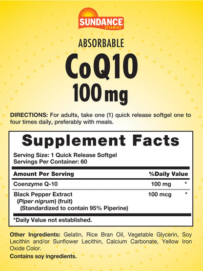 Sundance CoQ10 100mg Softgels – 60 Count, Black Pepper Extract, Non-GMO & Gluten Free