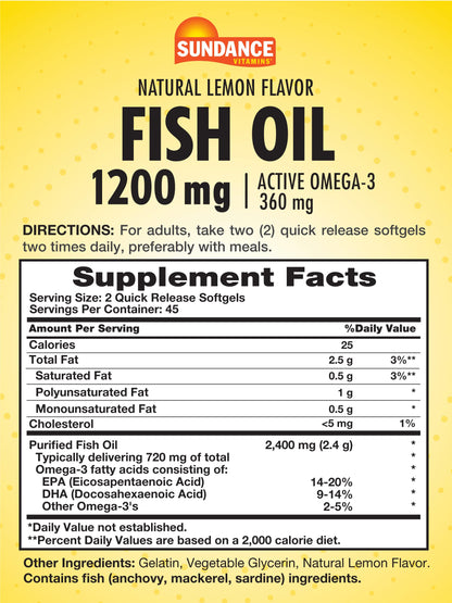 Sundance Fish Oil Softgels 1200mg - 360mg Omega-3, Lemon | Non-GMO & Gluten Free