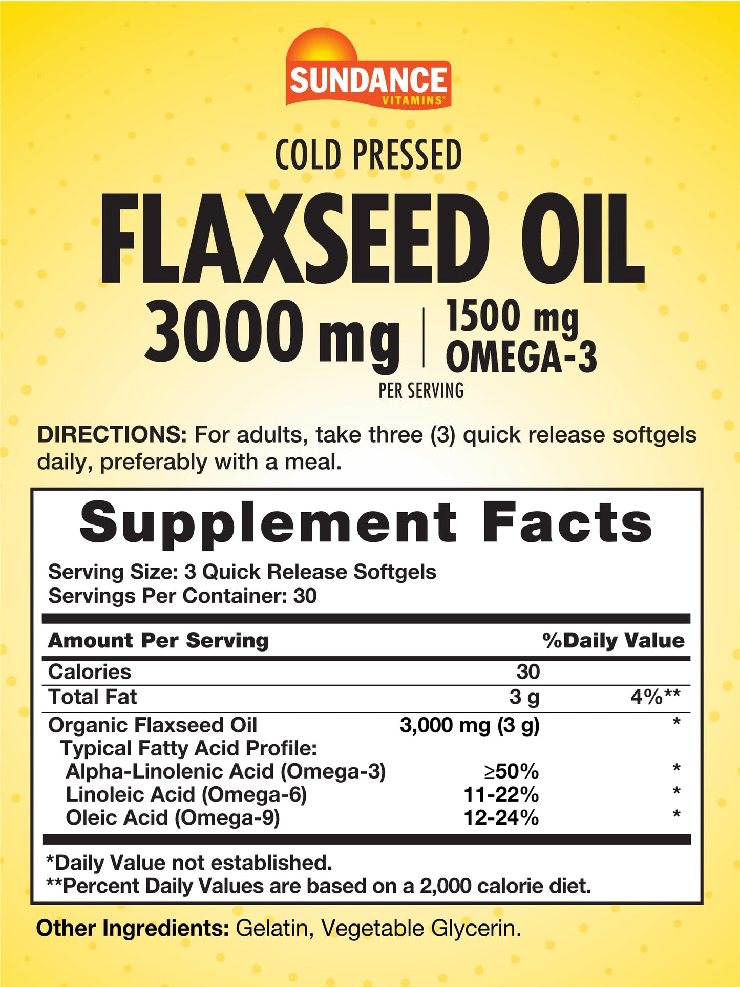 Sundance Flaxseed Oil 3000mg - 90 Softgels | 1500mg Omega-3, Cold Pressed, Non-GMO, Gluten Free