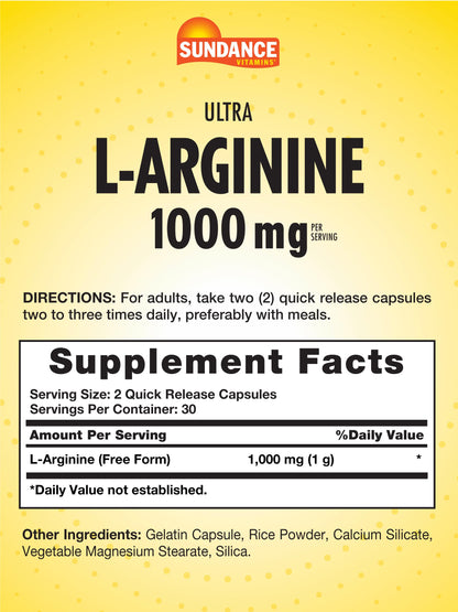 Sundance L-Arginine 1000mg Capsules – 60 Count | Free Form Amino Acid Supplement | Non-GMO & Gluten Free
