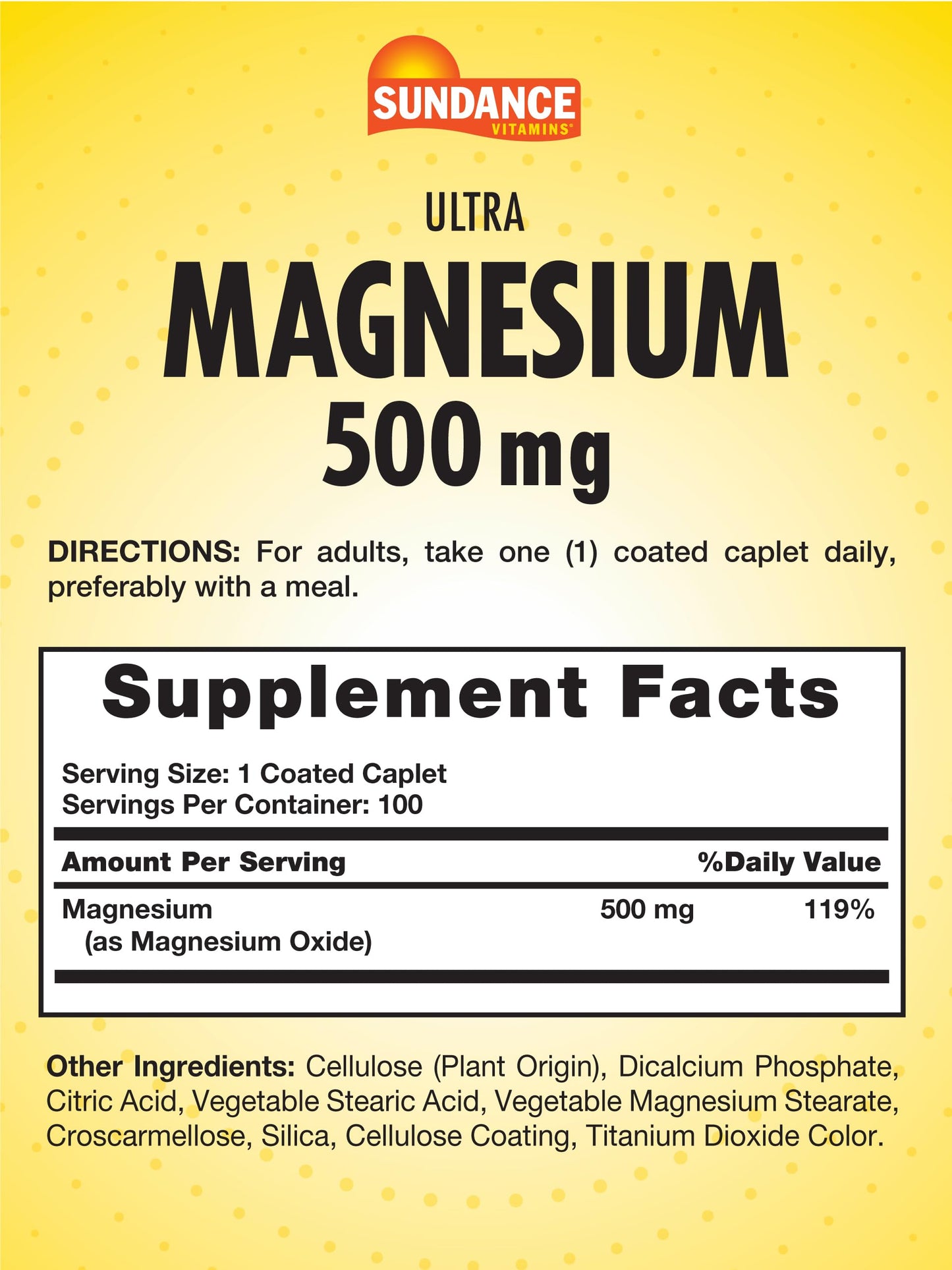 Sundance Magnesium 500mg Oxide – 100 Coated Caplets | Vegetarian, Non-GMO, Gluten Free