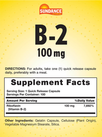 Sundance Vitamin B-2 100mg | 100 Capsules | Non-GMO & Gluten Free