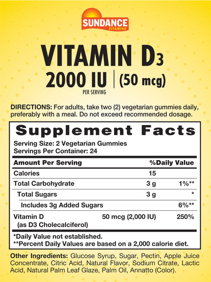 Sundance Vitamin D3 Gummies – 2000 IU, Pineapple, 48 Count