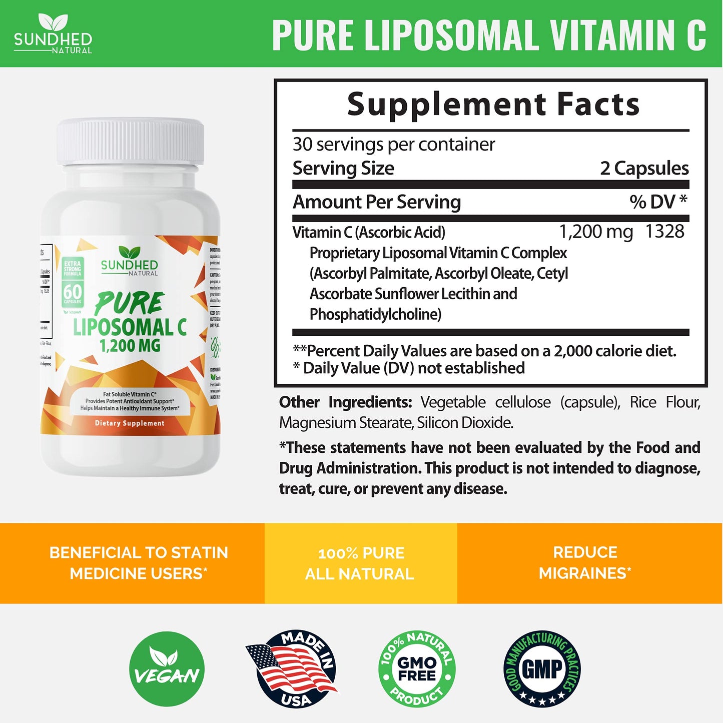 Sundhed Natural Liposomal Vitamin C - 1200mg Immune Support & Collagen Health | 60 Capsules