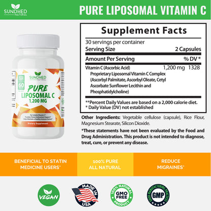 Sundhed Natural Liposomal Vitamin C - 1200mg Immune Support & Collagen Health | 60 Capsules