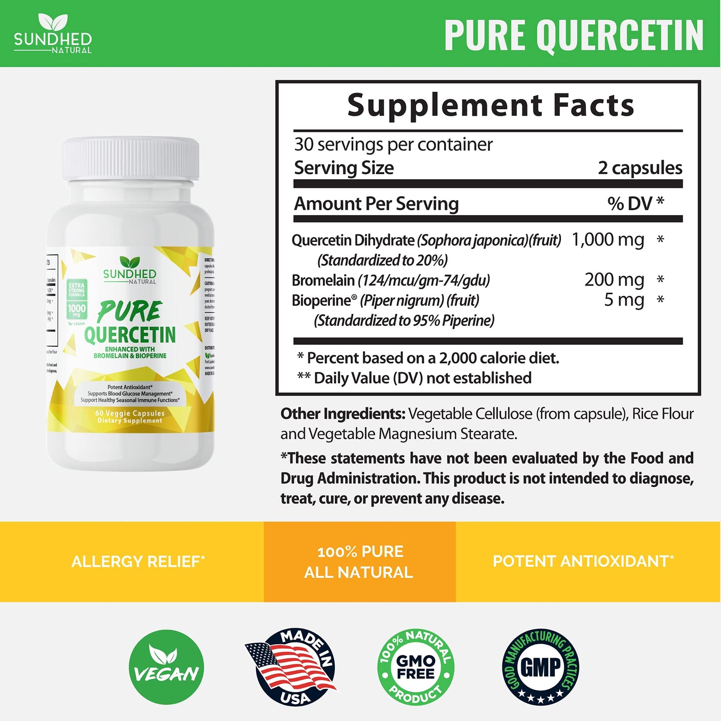 Sundhed Natural Pure Quercetin with Bromelain & Bioperine - 1000mg Extra Strong, 1-Month Supply