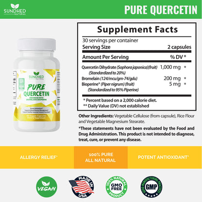 Sundhed Natural Pure Quercetin with Bromelain & Bioperine - 1000mg Extra Strong, 1-Month Supply