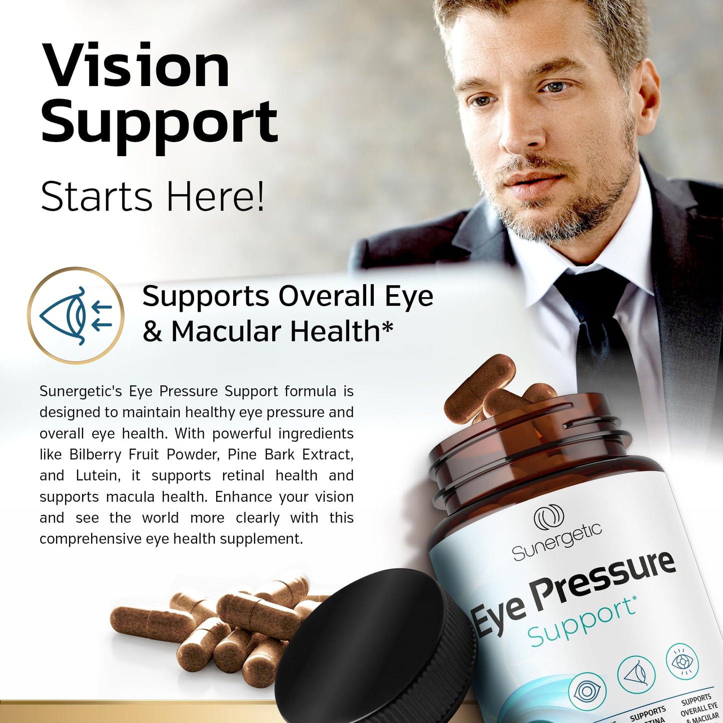 Sunergetic Premium Eye Pressure Support Supplement - Saffron, Lutein, Zeaxanthin, Bilberry & Pine Bark (2 x 30 capsules)