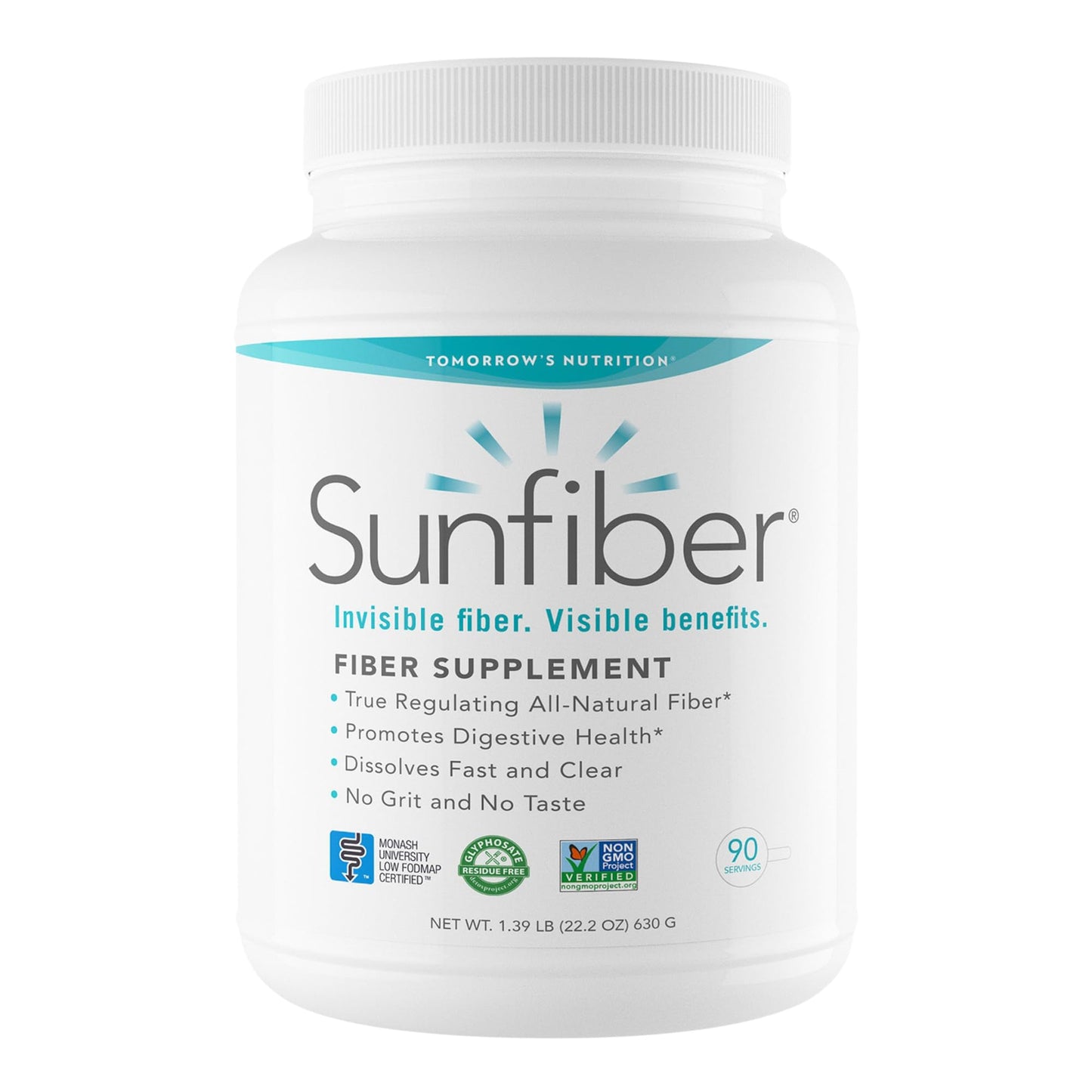 Tomorrow's Nutrition Sunfiber Prebiotic Fiber Supplement for Digestive Health - Low FODMAP, Gluten-Free, Unflavored, 90 Servings