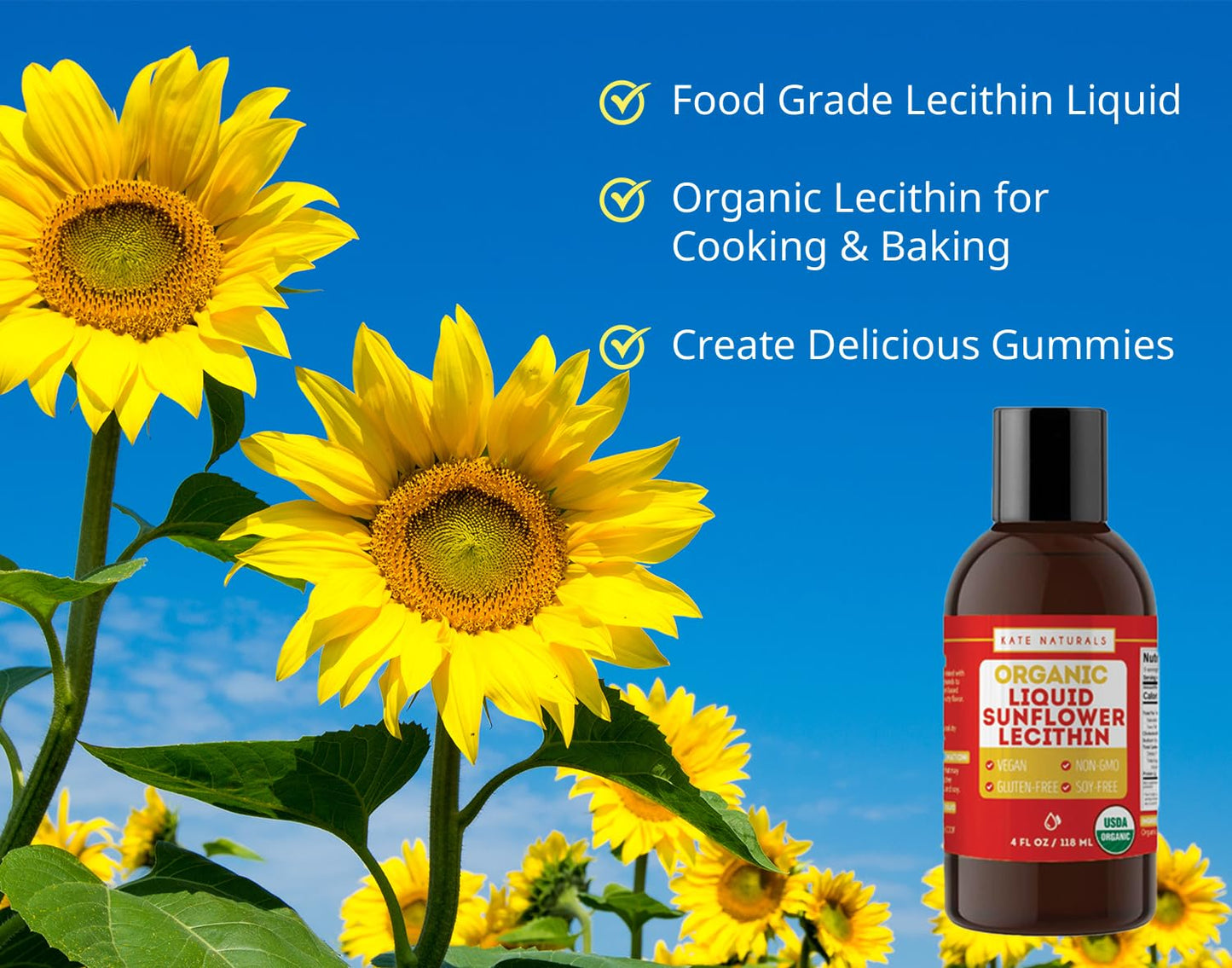 Kate Naturals Sunflower Lecithin Liquid - Organic, Vegan, Gluten-Free (4oz)