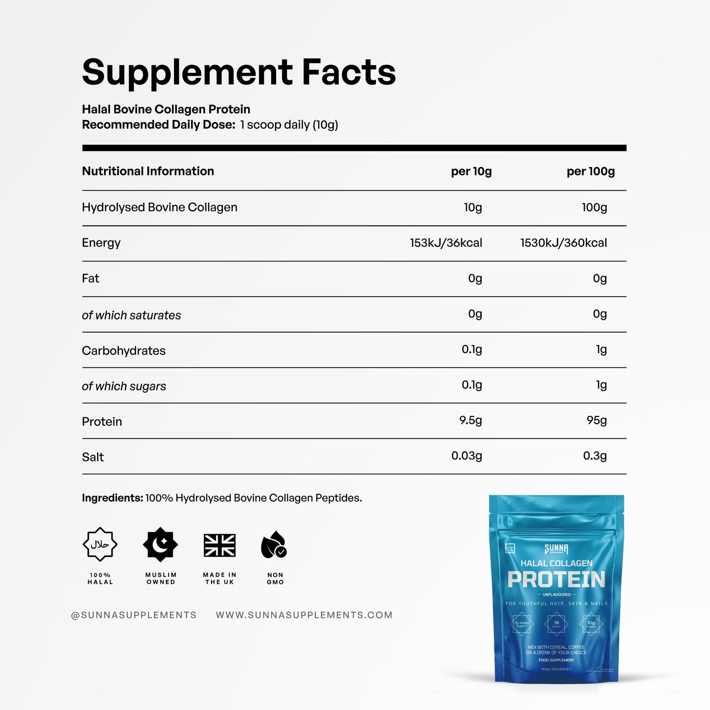 SUNNA SUPPLEMENTS Grass-Fed Halal Collagen Powder – Type I & III Peptides for Hair, Skin, Nails & Joints | Unflavored
