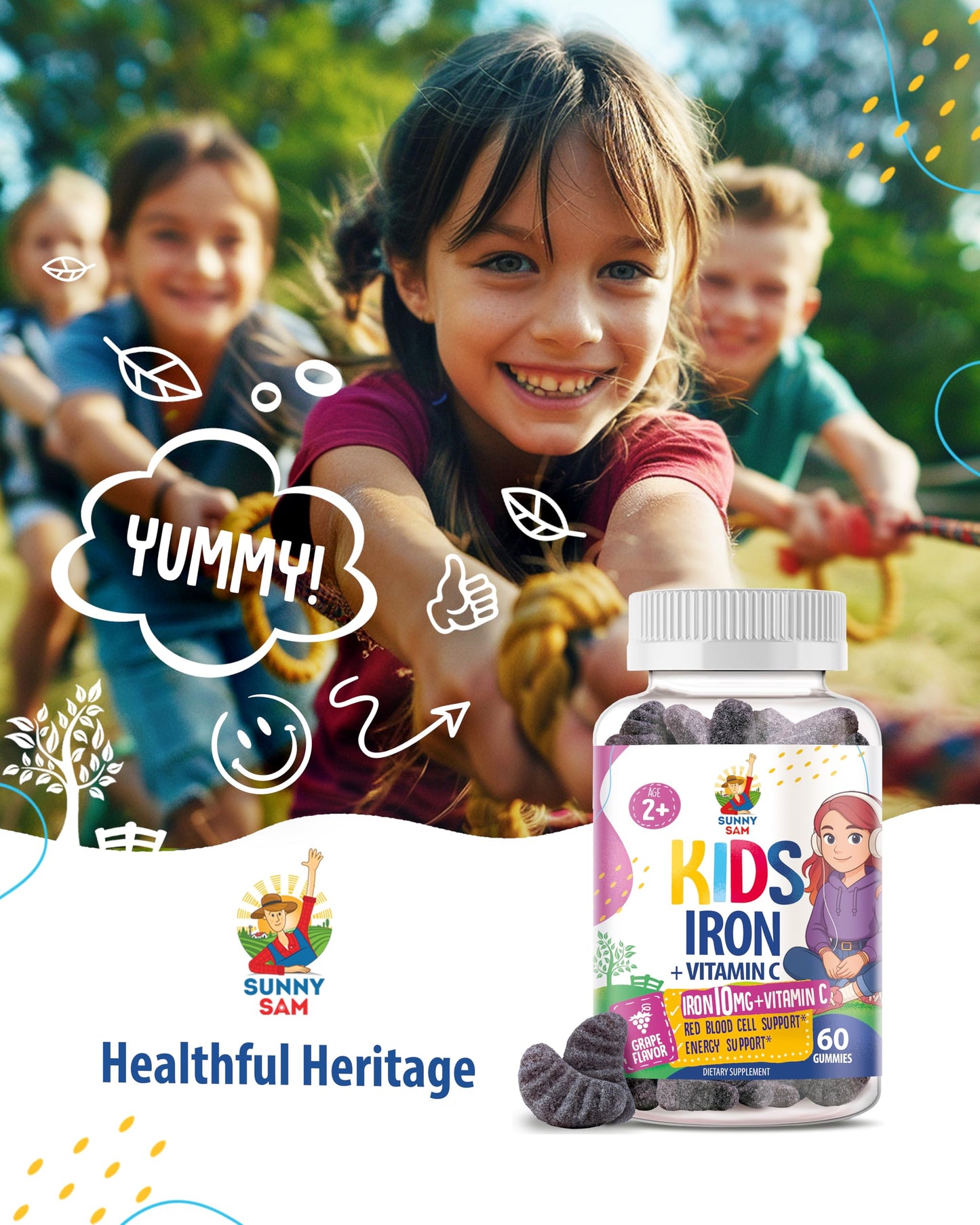 SUNNY SAM Iron Gummies for Kids & Teens – 10 mg Iron + Vitamin C