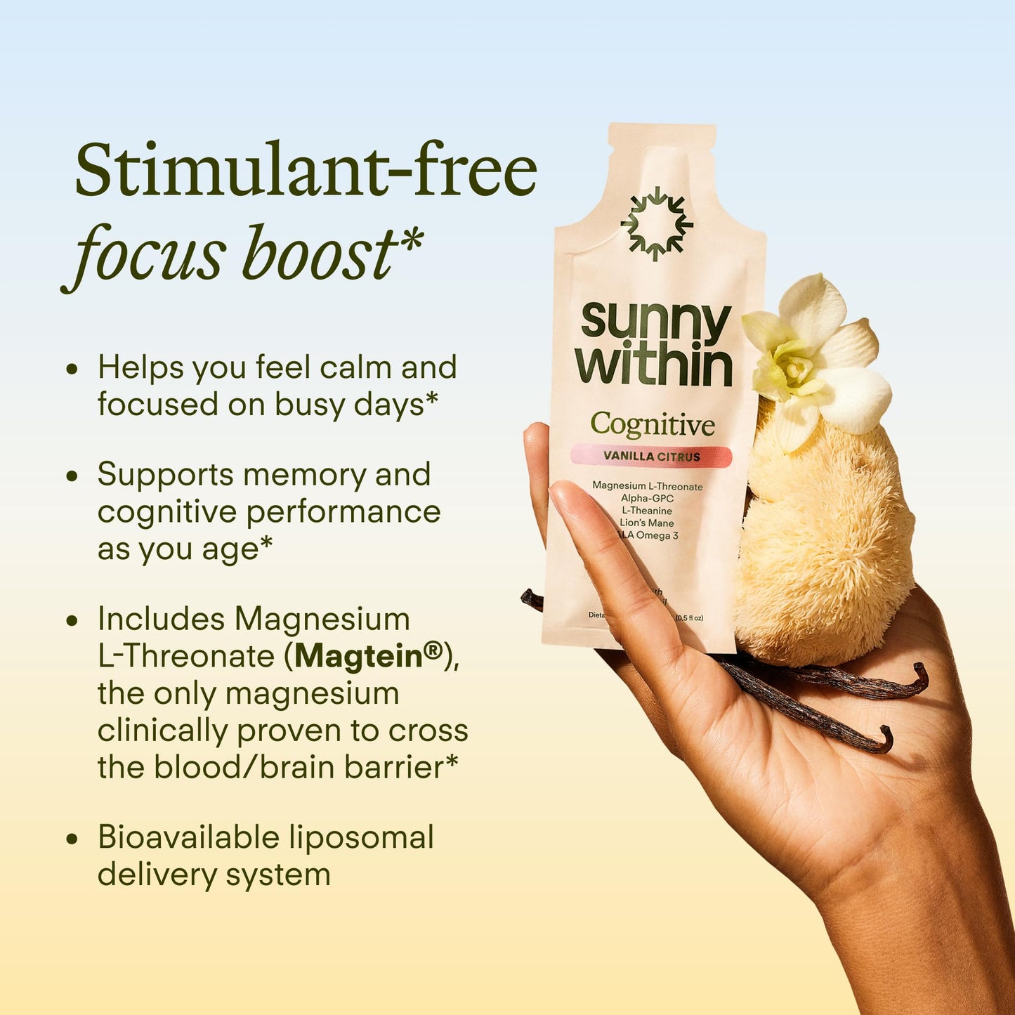Sunny Within Brain Health Supplement | Magnesium L-Threonate, Lion’s Mane, Alpha GPC | 30 Daily Vegan Pouches