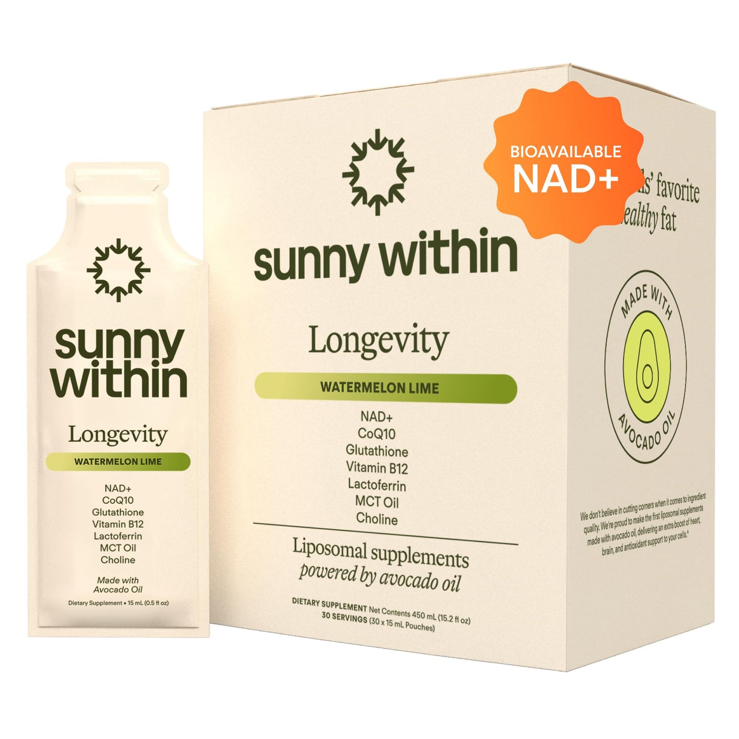 Sunny Within Longevity – Bioavailable NAD+, Glutathione & CoQ10 Liquid for Cellular Health (30 Pouches)