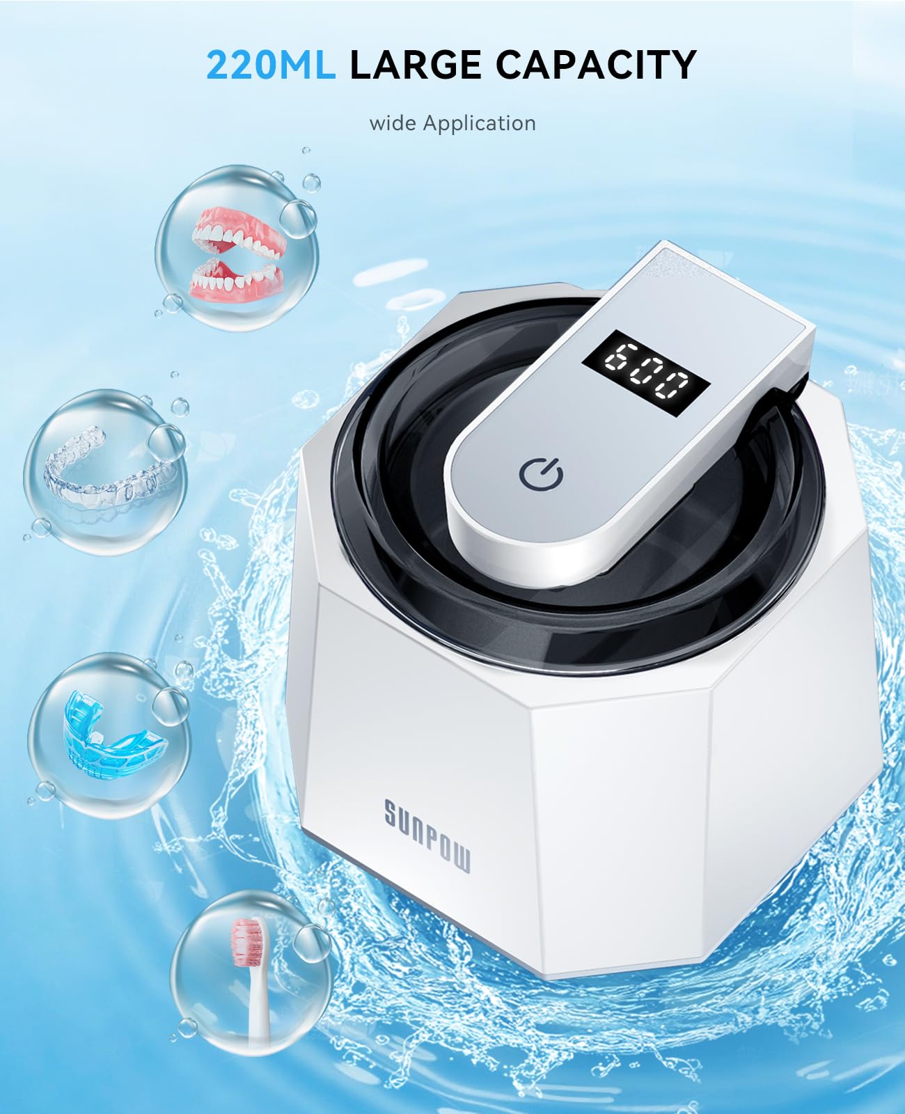 SUNPOW Ultrasonic Retainer Cleaner – 48kHz, 5 UV Lights, 220ml Cleaning Pod